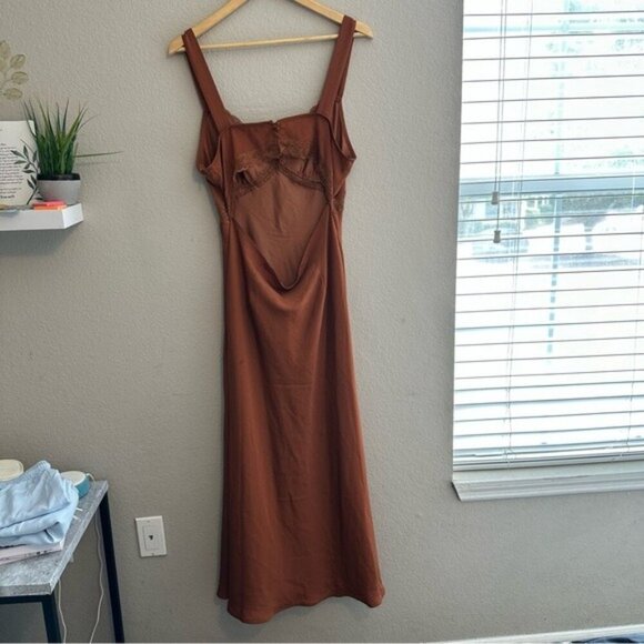 Forever 21 XL Brown Slip Dress Lace Detail Cut-Out Back Sleeveless Y2K Aesthetic - Picture 8 of 12